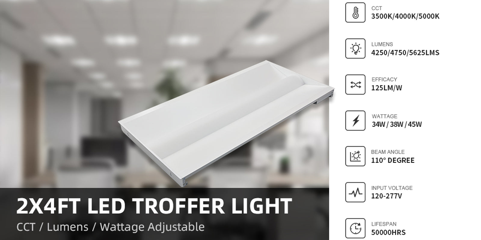 Led Troffer Lights 2x4ft - 3CCT 4250/4750/5625 Lumen