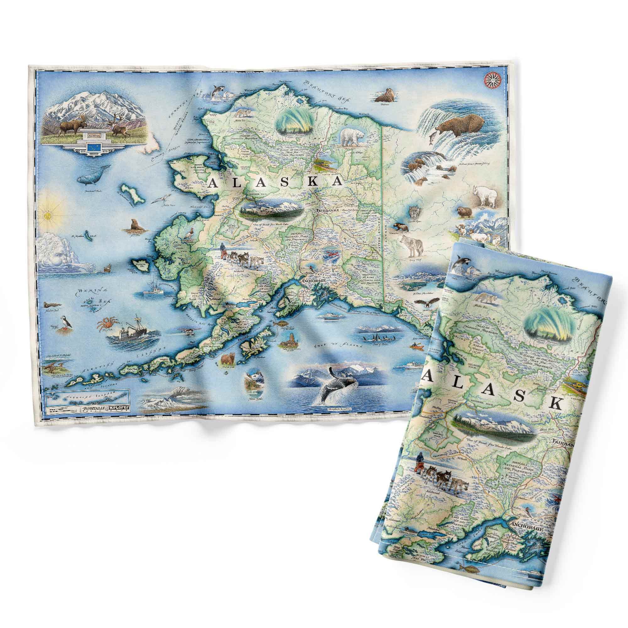 Xplorer Maps Alaska State Map Decorative Flour Sack Kitchen Tea Towel - 100% Cotton - 18" x 24"