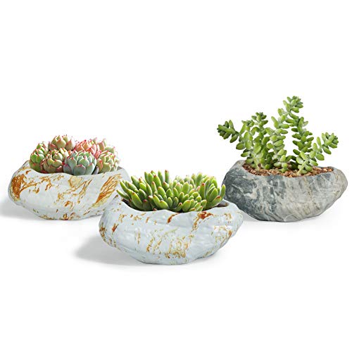 T4U Succulent Pot Ceramic 4 Inch Marbling Irregular Set of 3, Faux Rock Style Flower Pot Planter Herbs Cactus Porcelain Container Indoor Use for Home and Office Decoration Gift