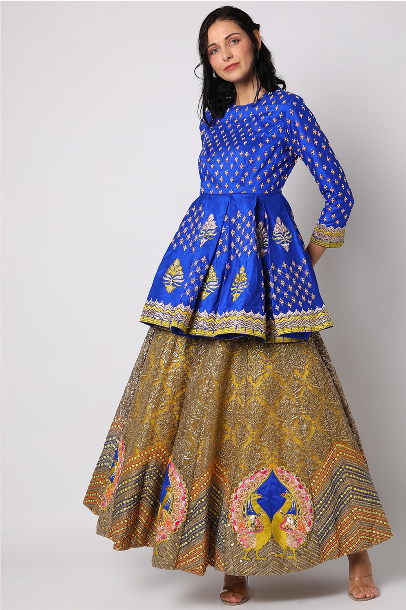 Glamorous in Gold: Handcrafted Peplum Crop Top Lehenga for Your Party