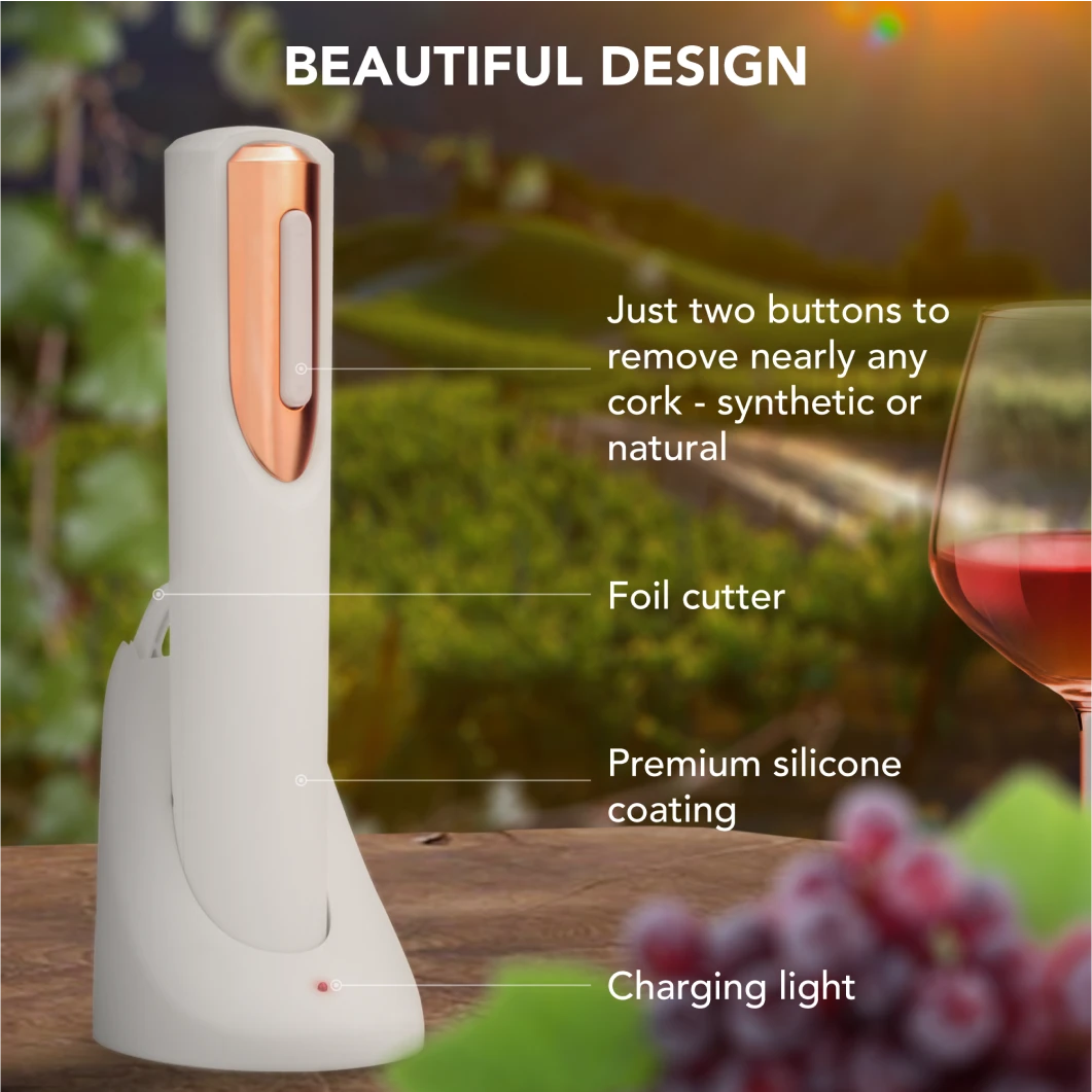 An electric wine opener with features labelled, next to grapes and glass of wine with vineyard background.