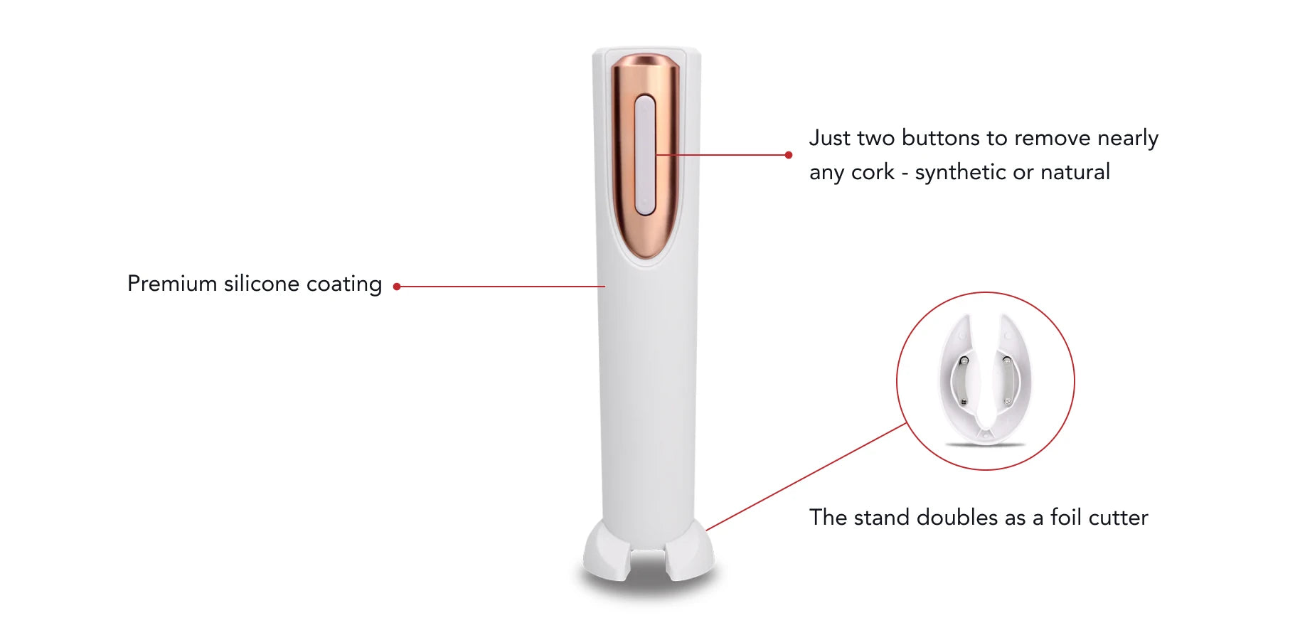 Electric wine opener with silicone coating and built-in foil cutter.