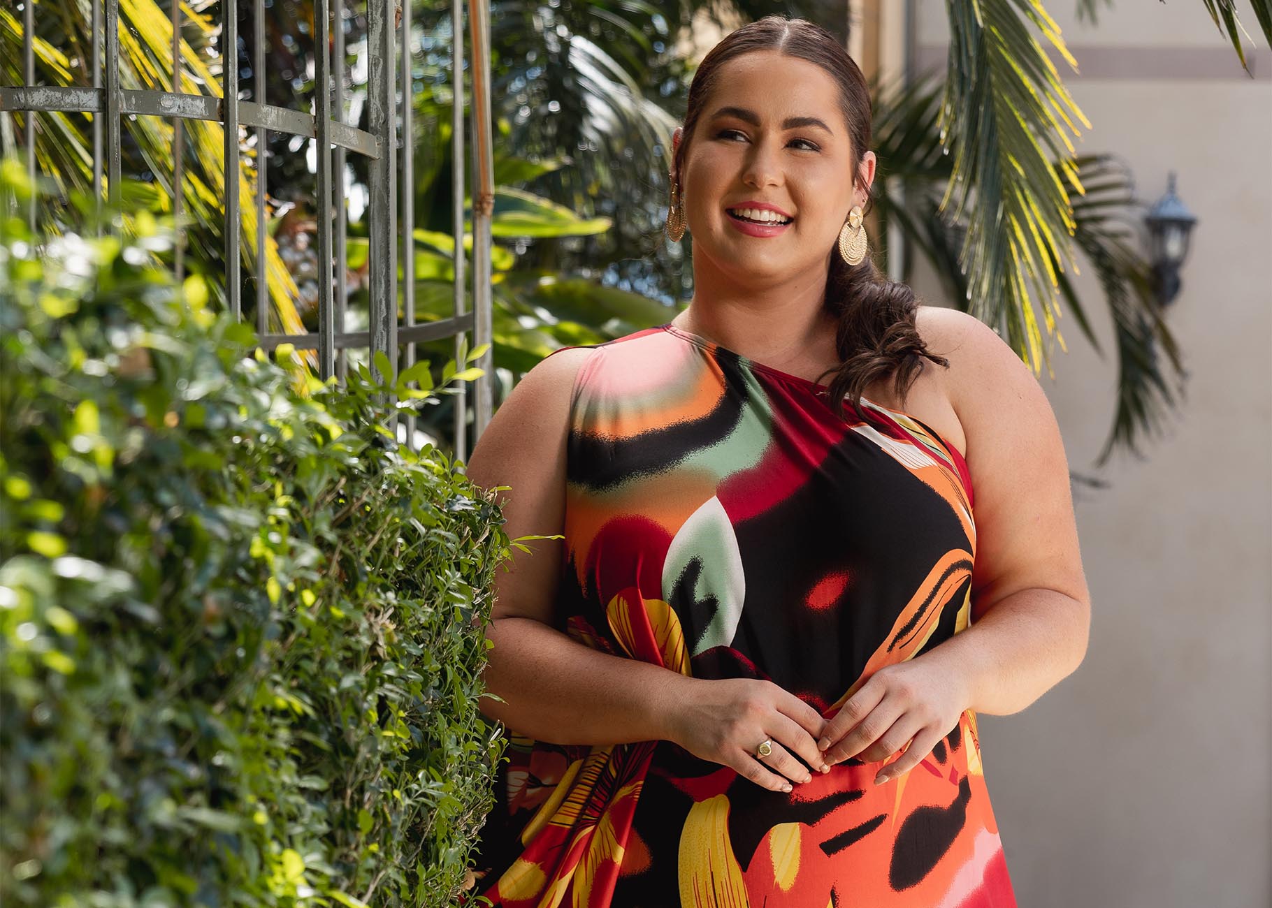 One Shoulder Long Maxi Dress in Orange Hibiscus