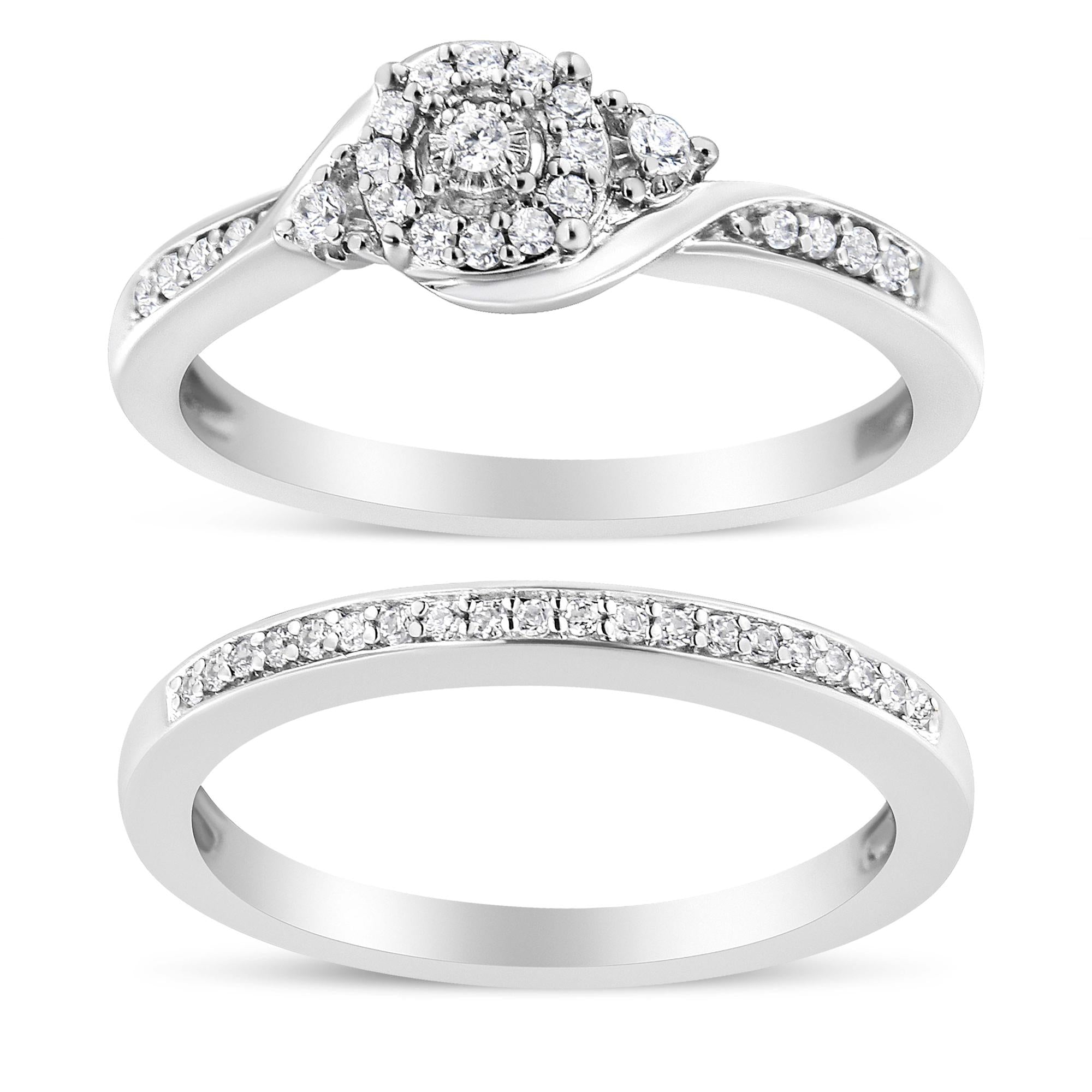 ''.925 Sterling Silver 1/4 Cttw Diamond Halo and Swirl Engagement Ring and WEDDING Band Set (I-J Colo