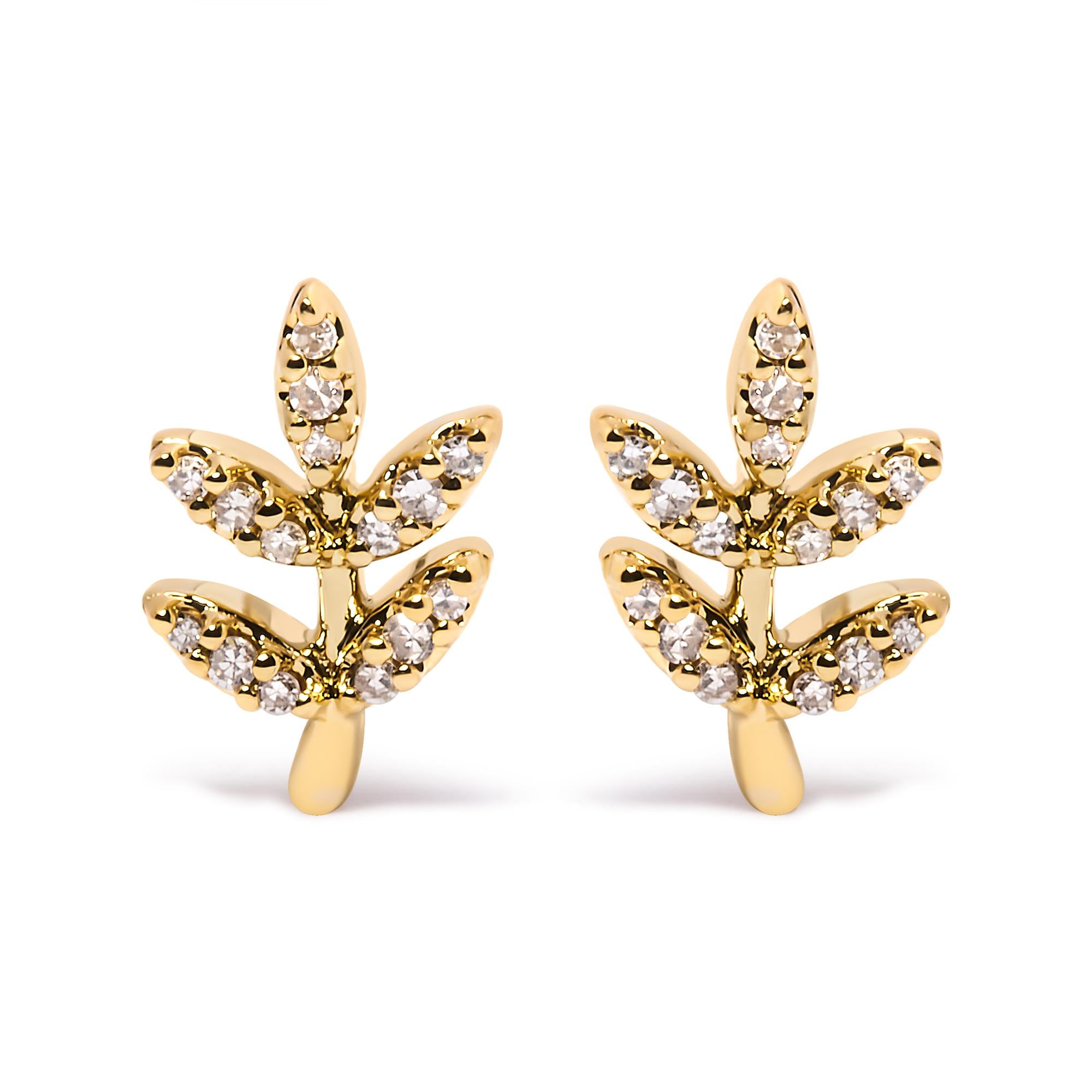 ''10K Yellow Gold 1/10 Cttw Diamond Accented Leaf and Branch STUD EARRINGS (H-I Color, I1-I2 Clarity)
