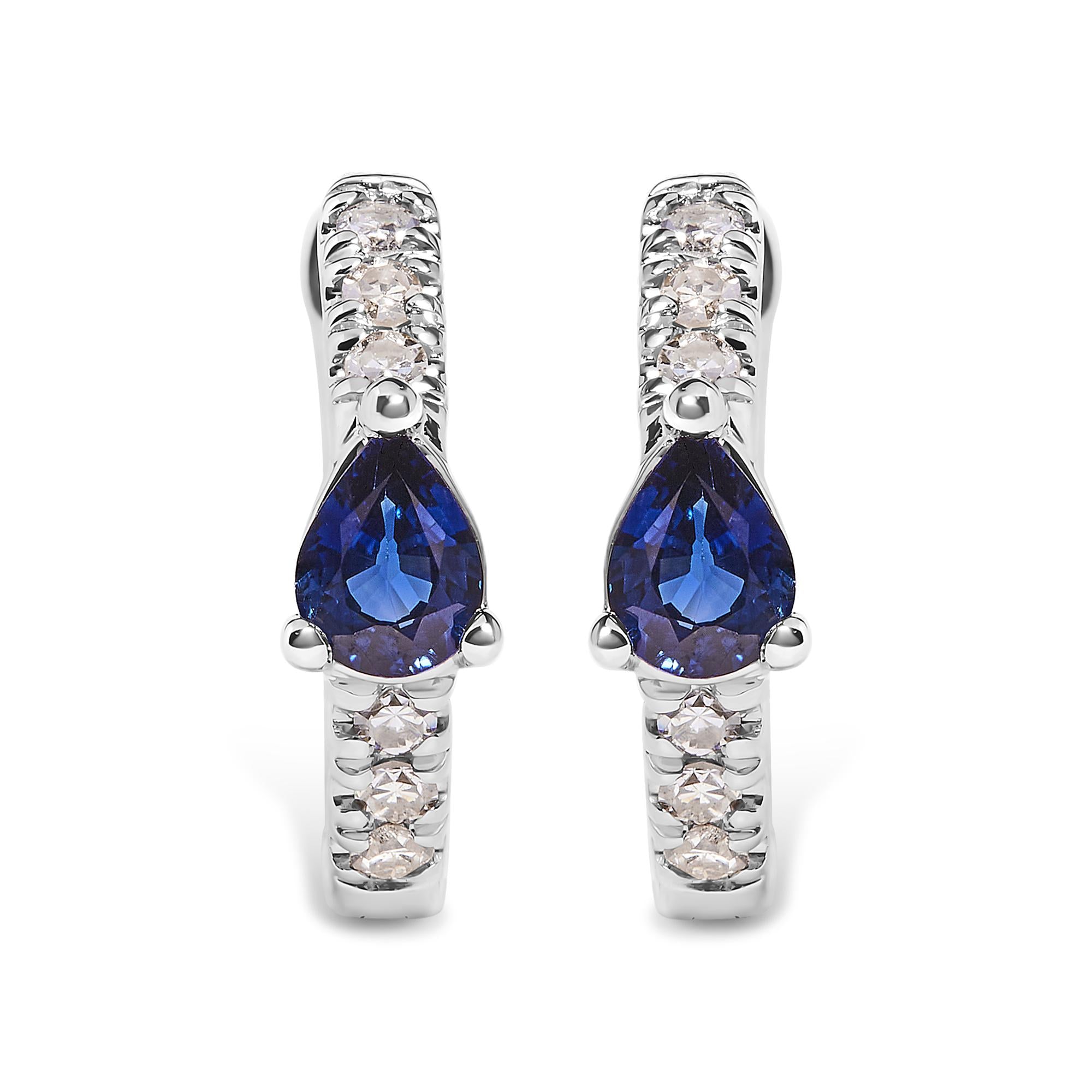 ''10K White Gold Pear Shaped Blue Sapphire and 1/10 Cttw Diamond Huggy HOOP EARRINGS (H-I Color, I1-I