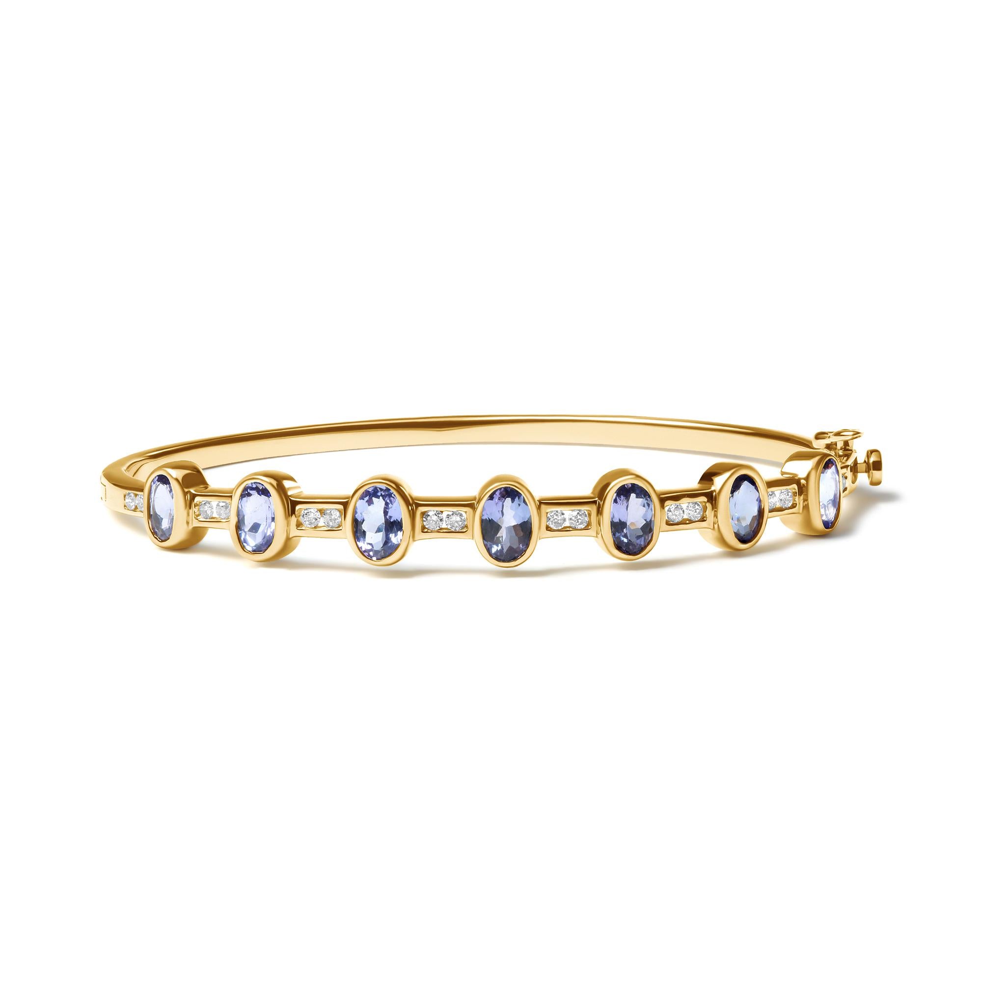 ''14K Yellow Gold 1/3 Cttw Round-Cut Diamond and 5MM Oval-Cut Blue Tanzanite Gemstone BANGLE Bracelet