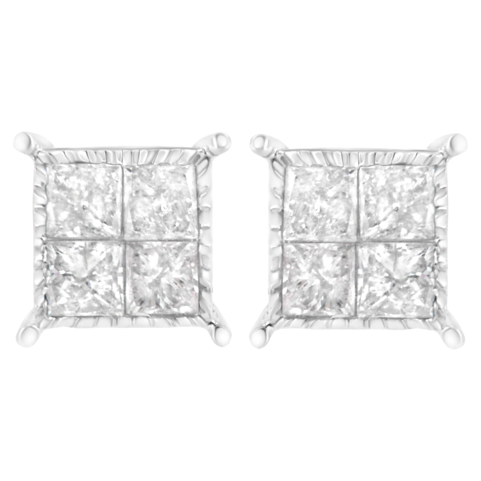 ''10K White Gold Square Earrings with Princess Cut Diamond (3/4 cttw, I-J Color, I2-I3 Clarity)''
