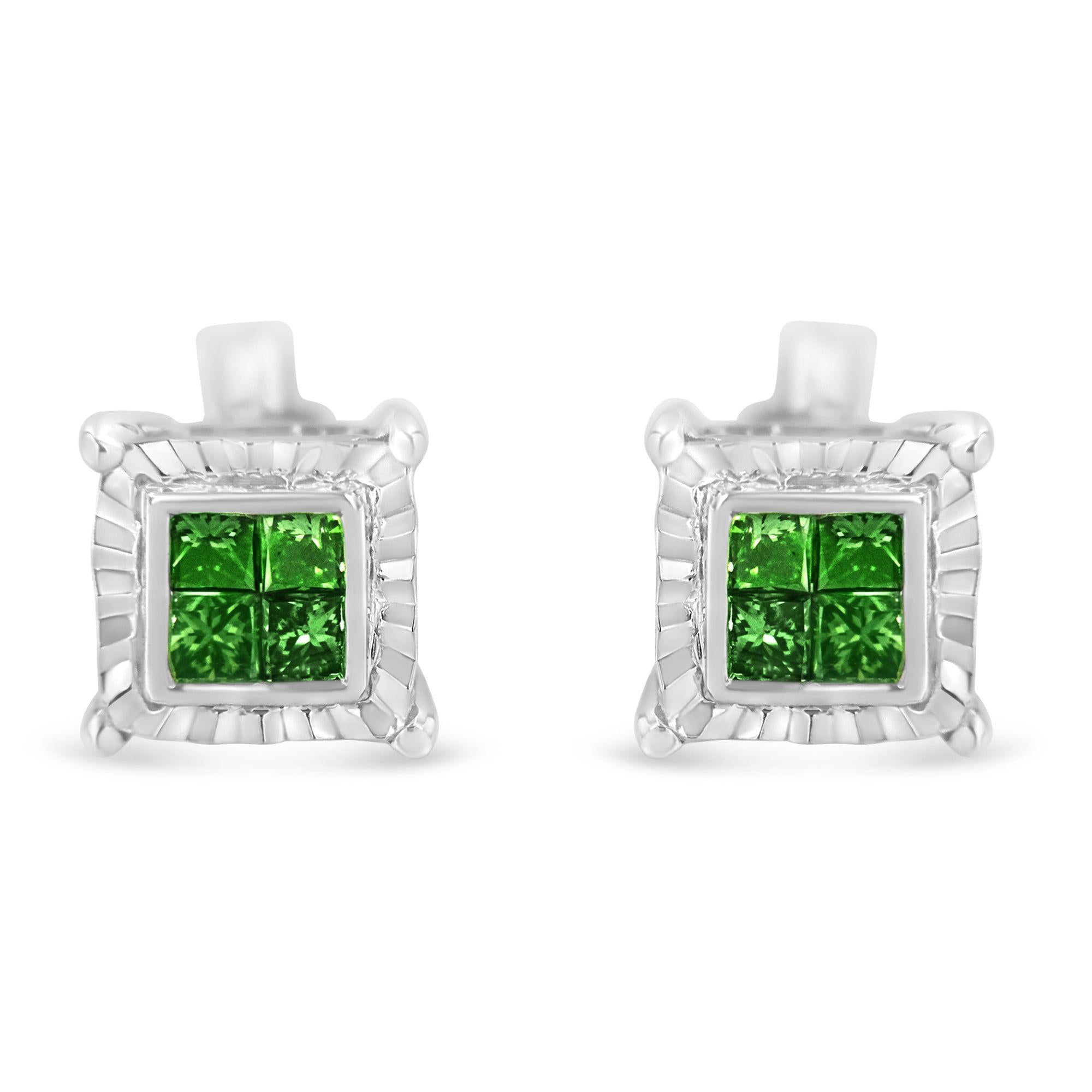 ''Sterling Silver Color Treated Princess Diamond Quad Stud Earring (1/2 cttw, Green Color, I1-I2 Clar