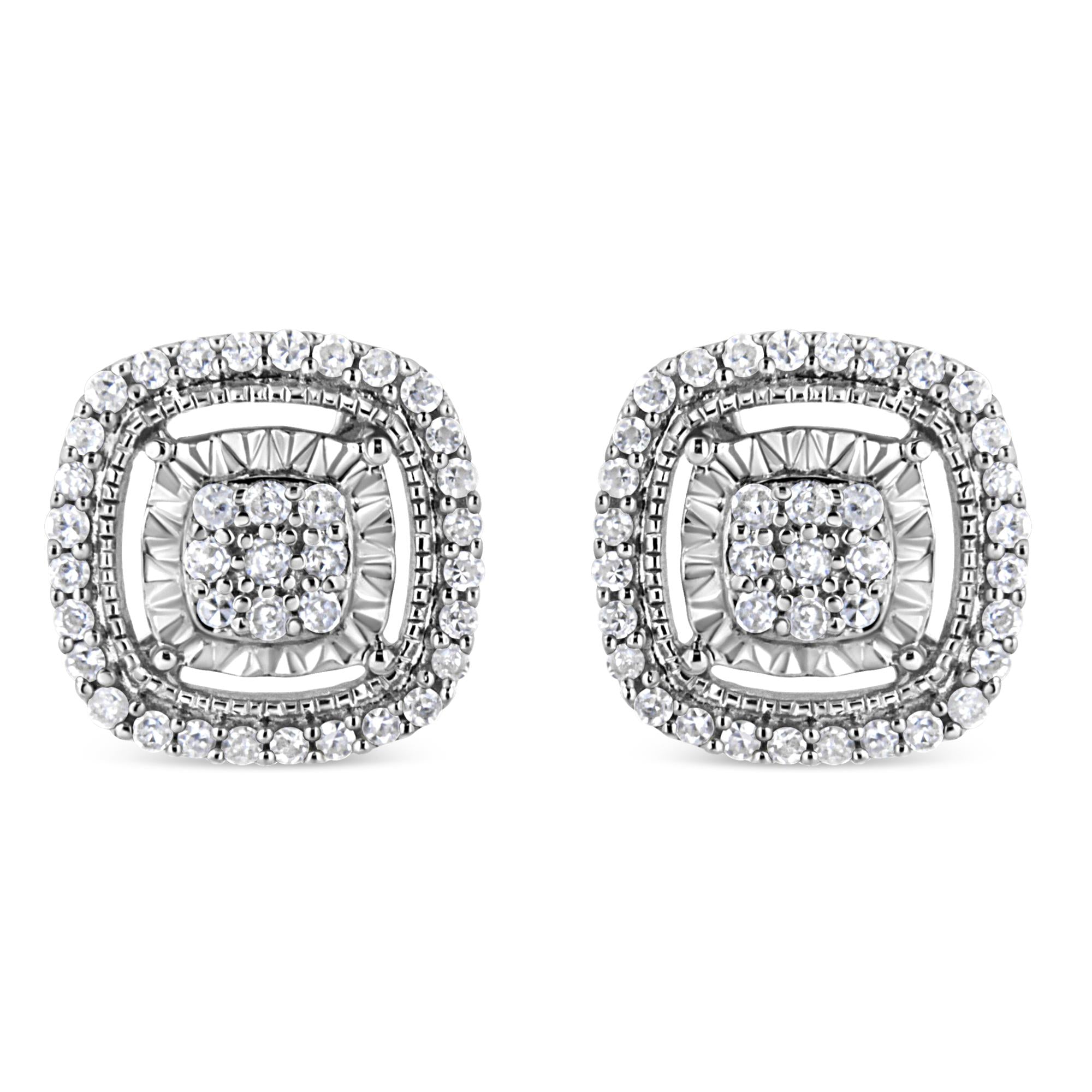''.925 Sterling Silver 1/4 Cttw Prong Set Round-Cut Diamond Cluster in Square FRAME Stud Earring (I-J
