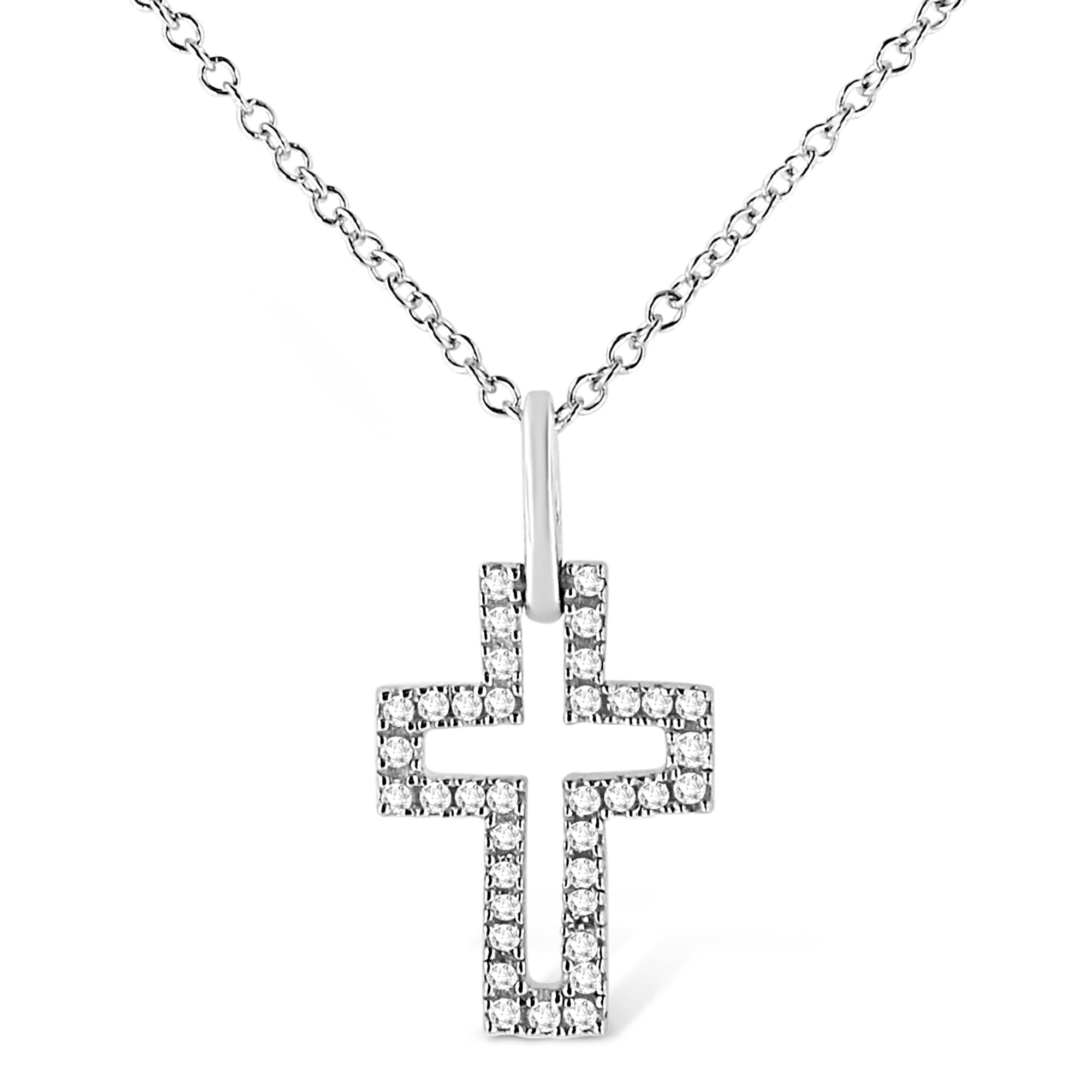 ''.925 Sterling Silver 1/10 cttw Pave-Set Round-Cut Diamond Open Cross 18'''' Pendant Necklace (I-J Col