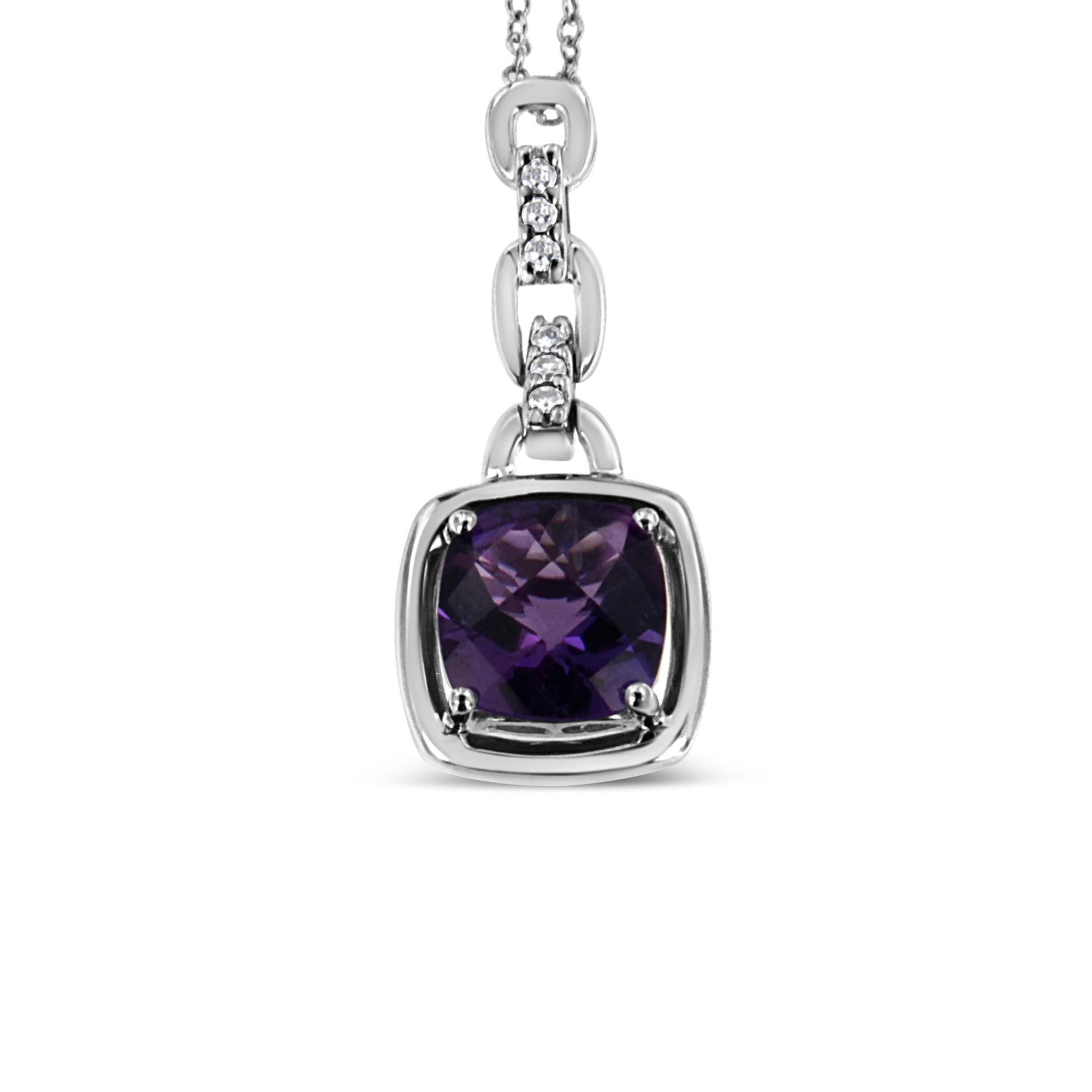 ''.925 Sterling Silver 6x6MM Cushion Shaped Natural Purple Amethyst and Diamond Accented Bale 18'''' In