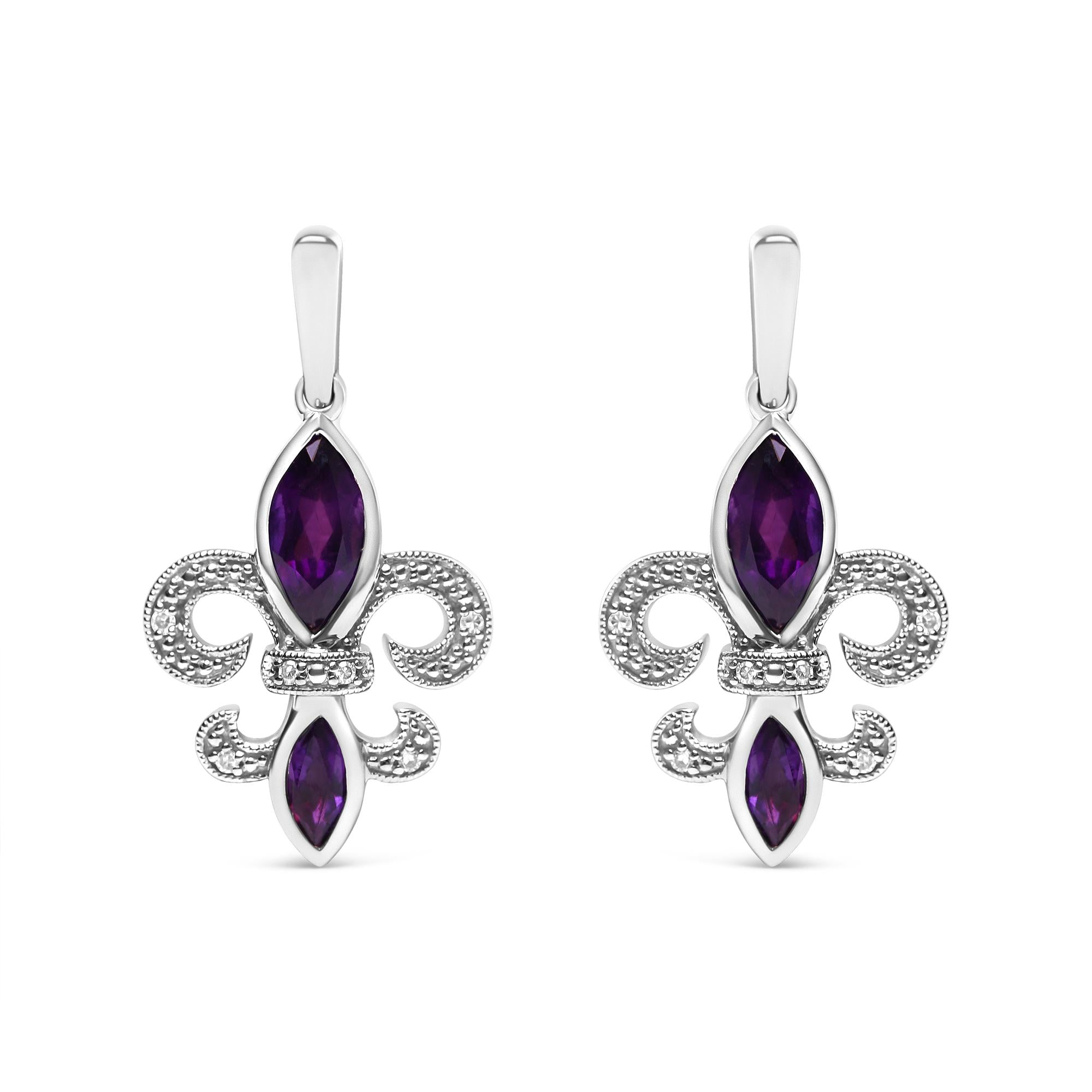 ''.925 Sterling Silver Marquise Cut AMETHYST and Diamond Accent Fleur De Lis Dangle Stud Earrings (H-