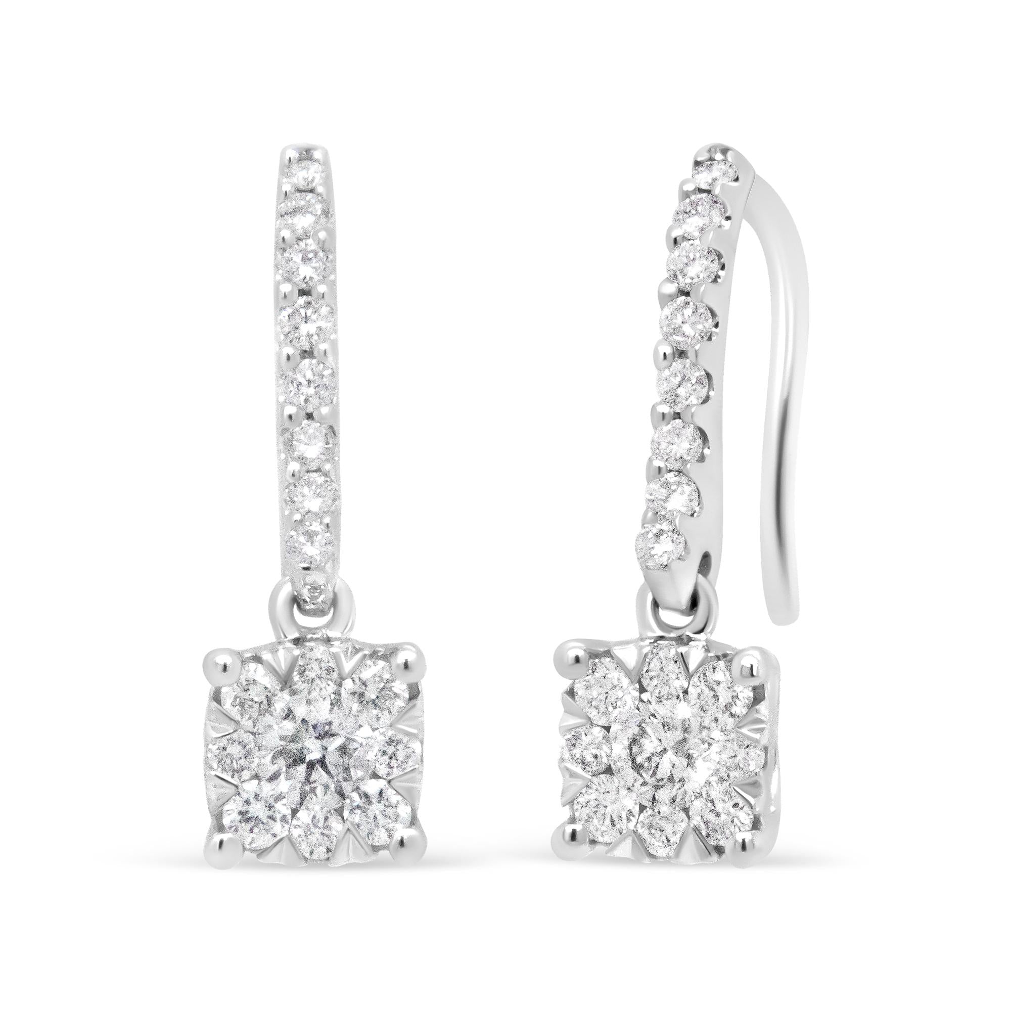 ''14K White 1/2 Cttw Round Diamond Halo Dangle Hook Earring - (H-I Color, SI2-I1 Clarity)''