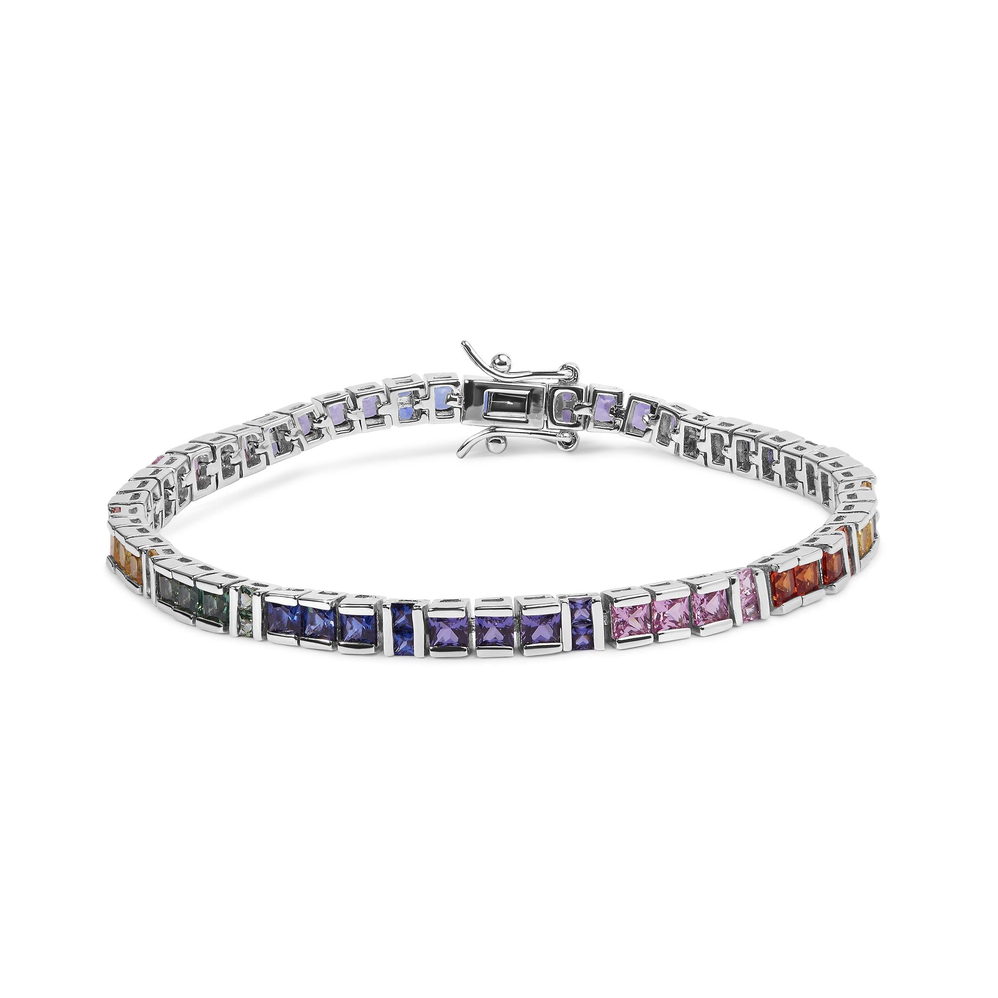 ''.925 Sterling Silver 12.0 Cttw Multi Colored Princess Cut Gemstone Link TENNIS BRACELET (AAA Qualit