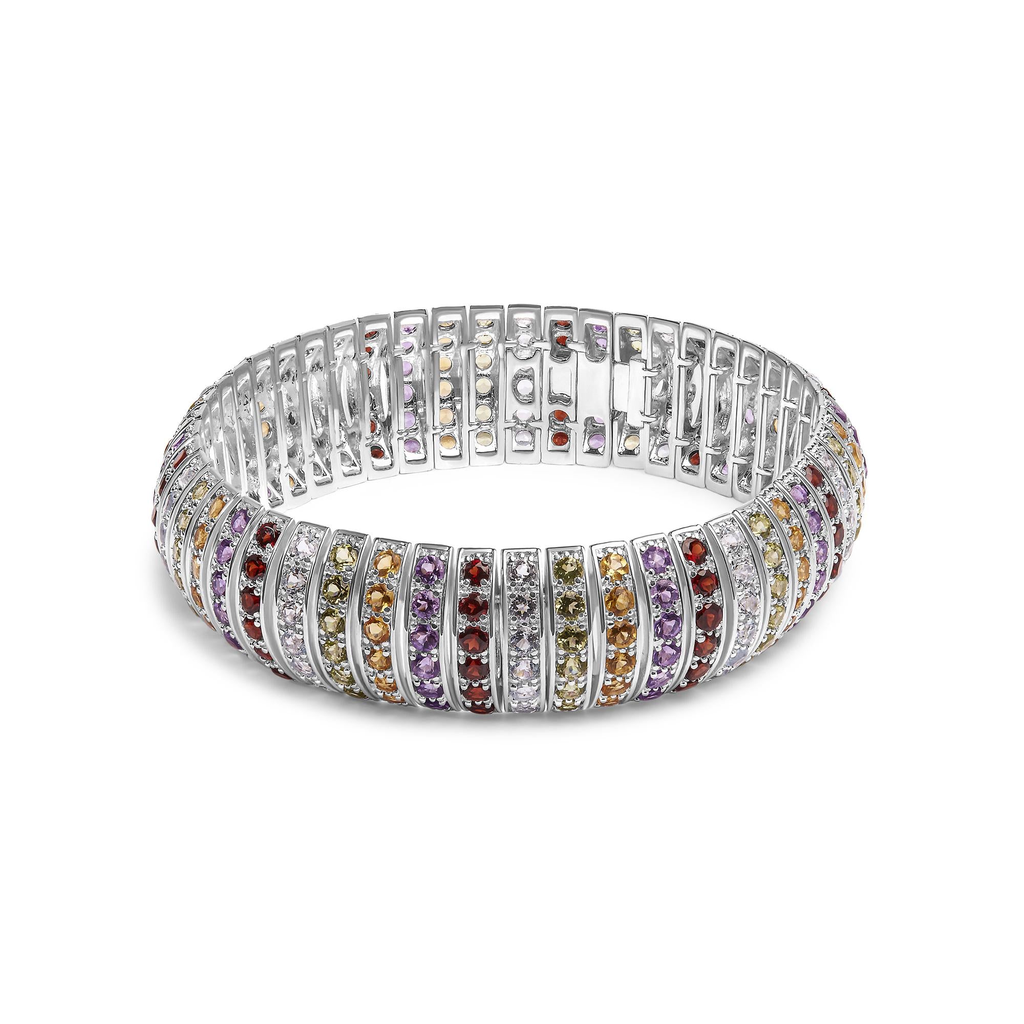 ''.925 Sterling Silver Multi Row Rainbow Gemstone  BANGLE Bracelet - 7.5'''' Inches''