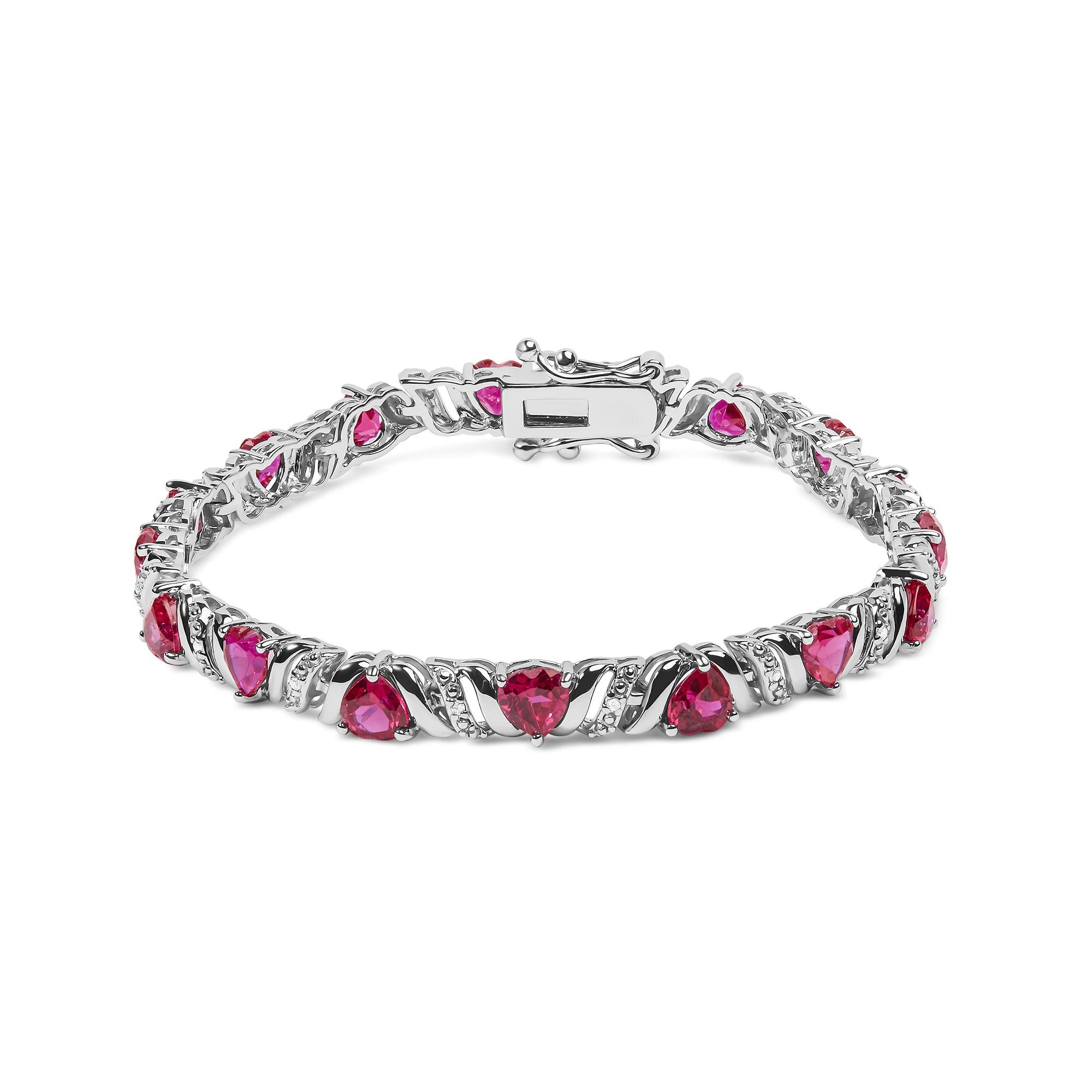 ''.925 Sterling Silver Created Heart Shape Red Ruby and White Diamond Accent Link BRACELET (I-J Color