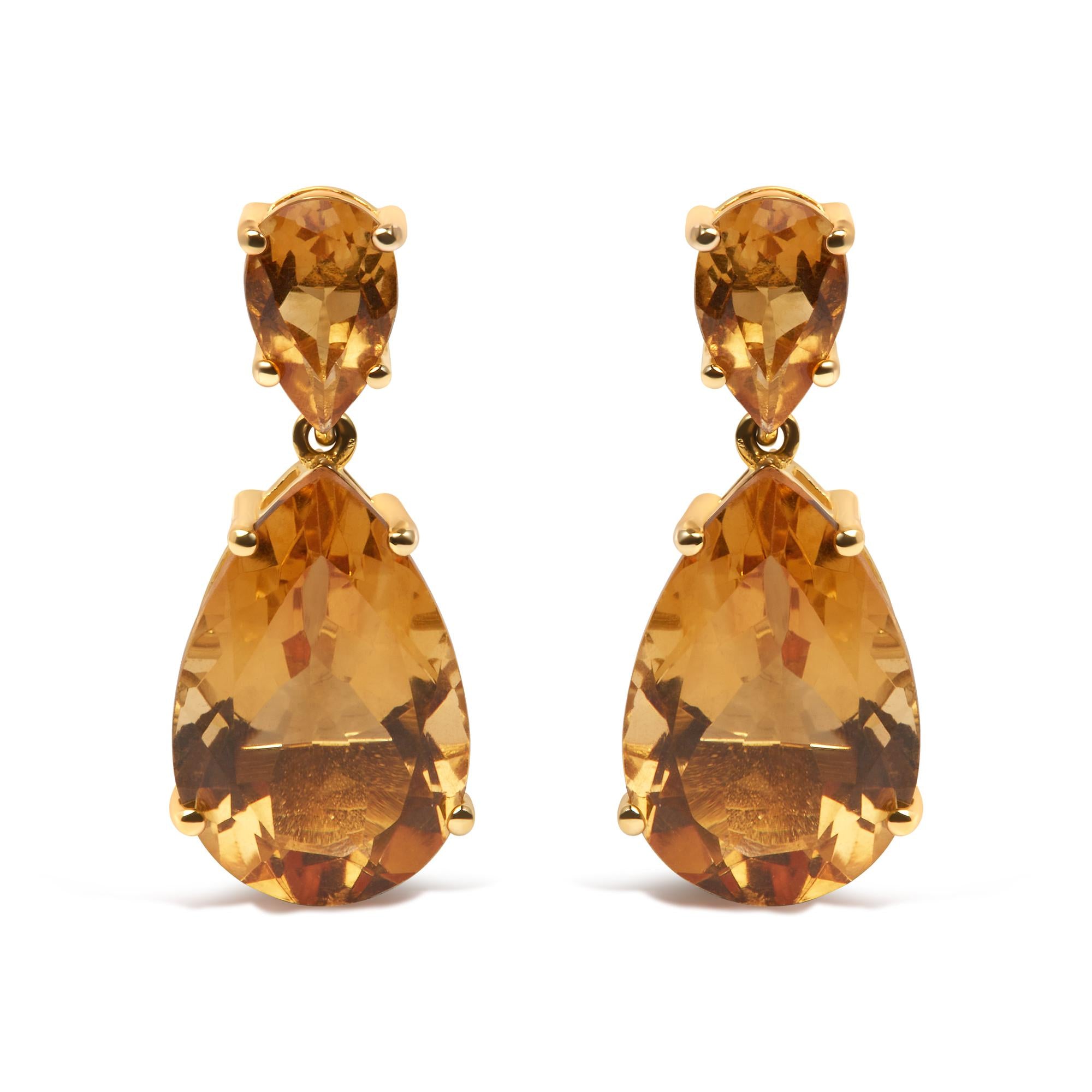 10K Yellow GOLD Plated .925 Sterling Silver 12 1/3 Cttw Pear Shaped Orange Citrine Dangle Double Dro