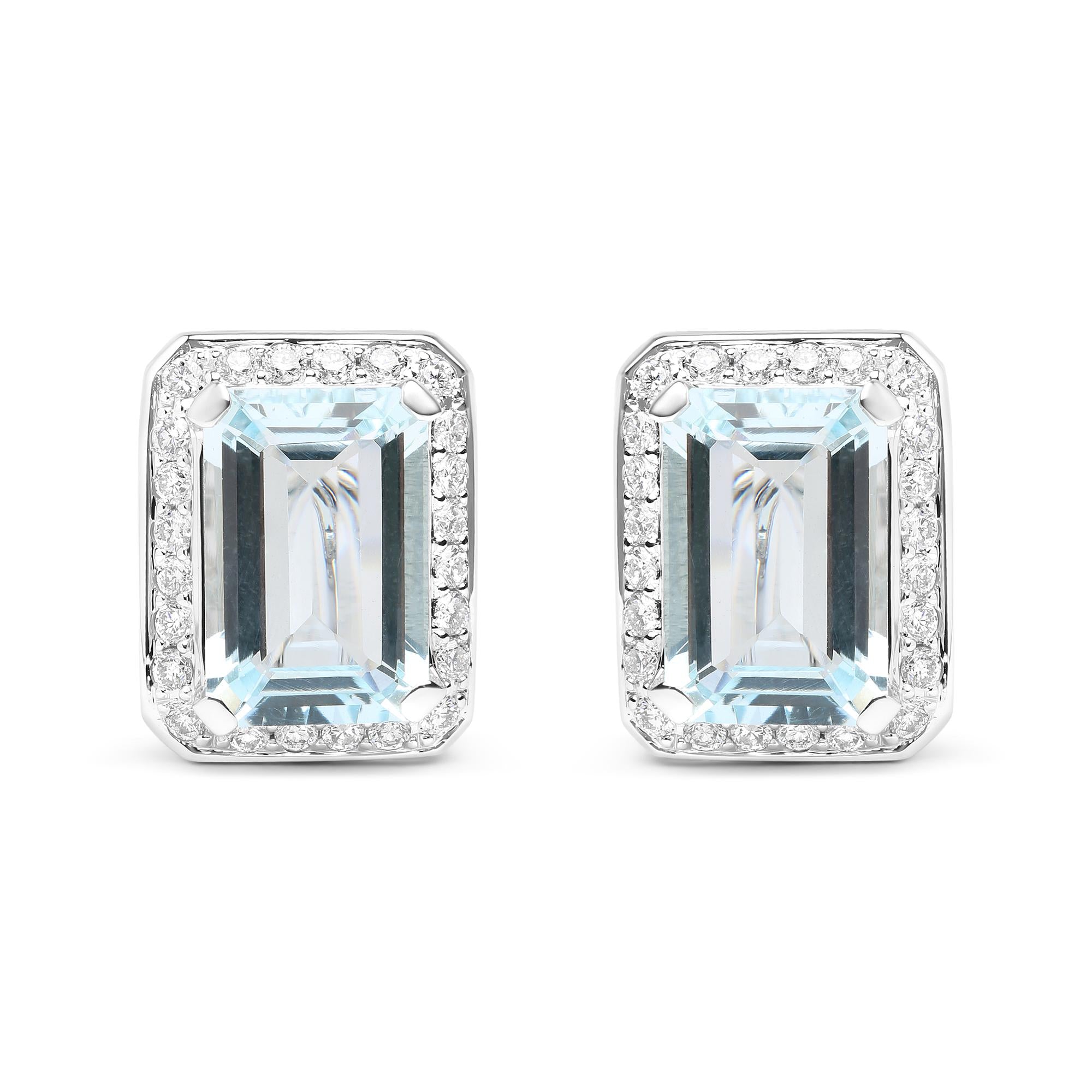''18K White Gold 3/4 Cttw Round Diamond and 13x9mm Emerald Cut Blue AQUAMARINE Gemstone Halo Omega St