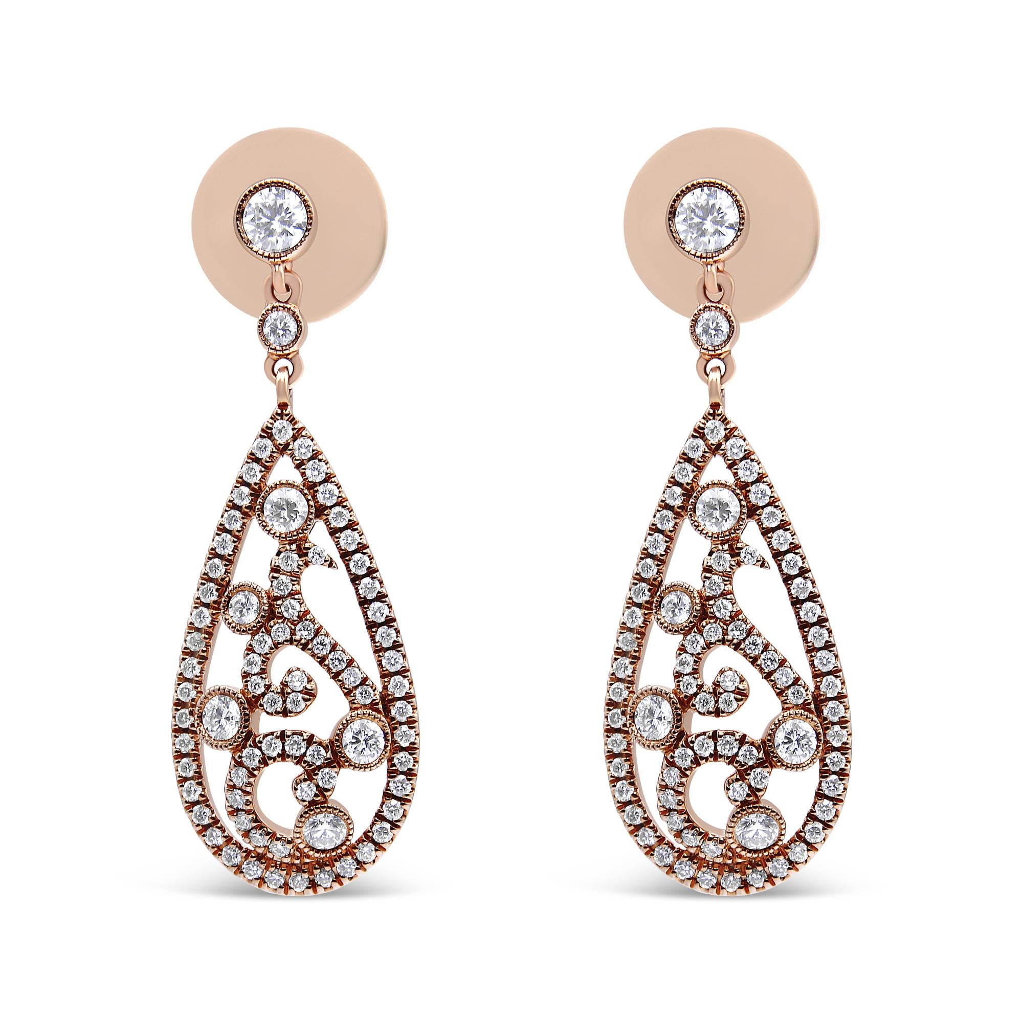 ''18K Rose Gold 1 1/4 Cttw Diamond Teardrop Shaped Drop and Dangle SCREW Back Stud Earring (F-G Color