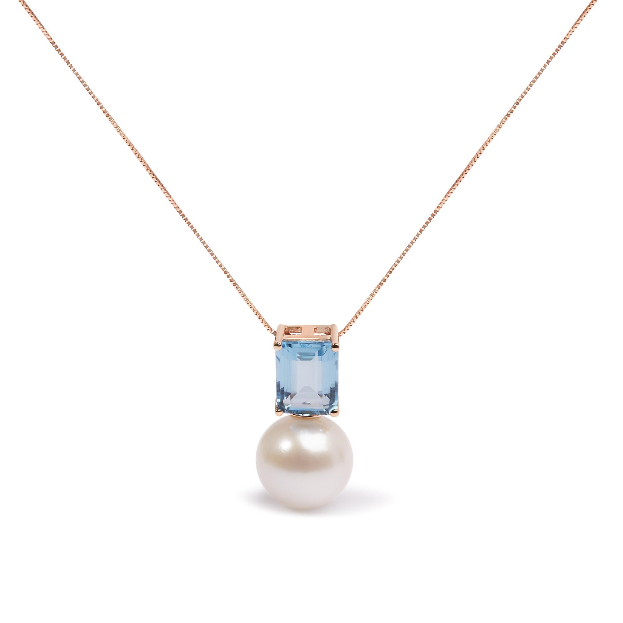 ''14K Rose Gold 11MM Cultured Freshwater Pearl and 9x7mm Octagon Swiss Blue Topaz Pendant NECKLACE - 