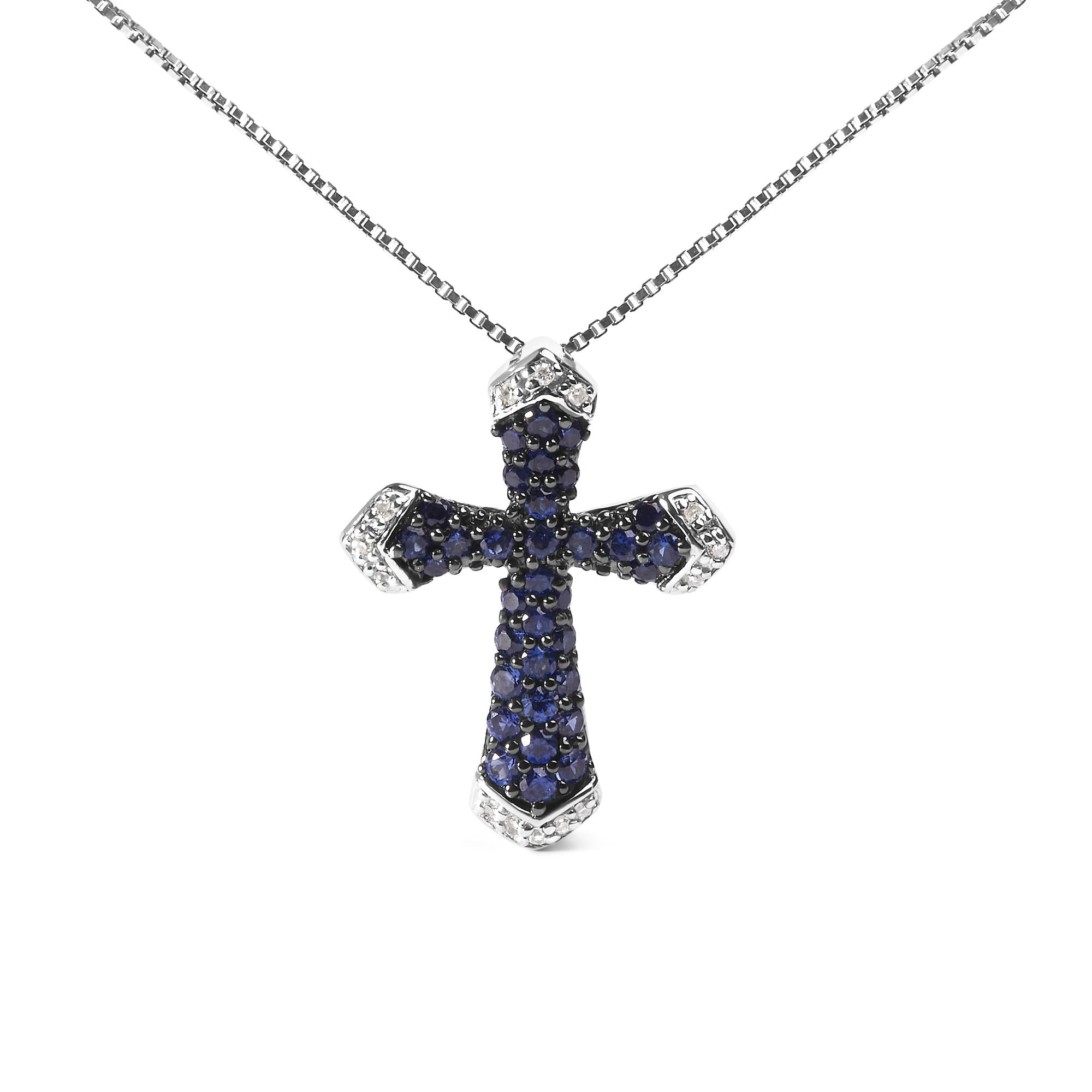 ''.925 Sterling Silver 3/4 Cttw Created Blue Sapphire and White Diamond Accent Cross Pendant NECKLACE