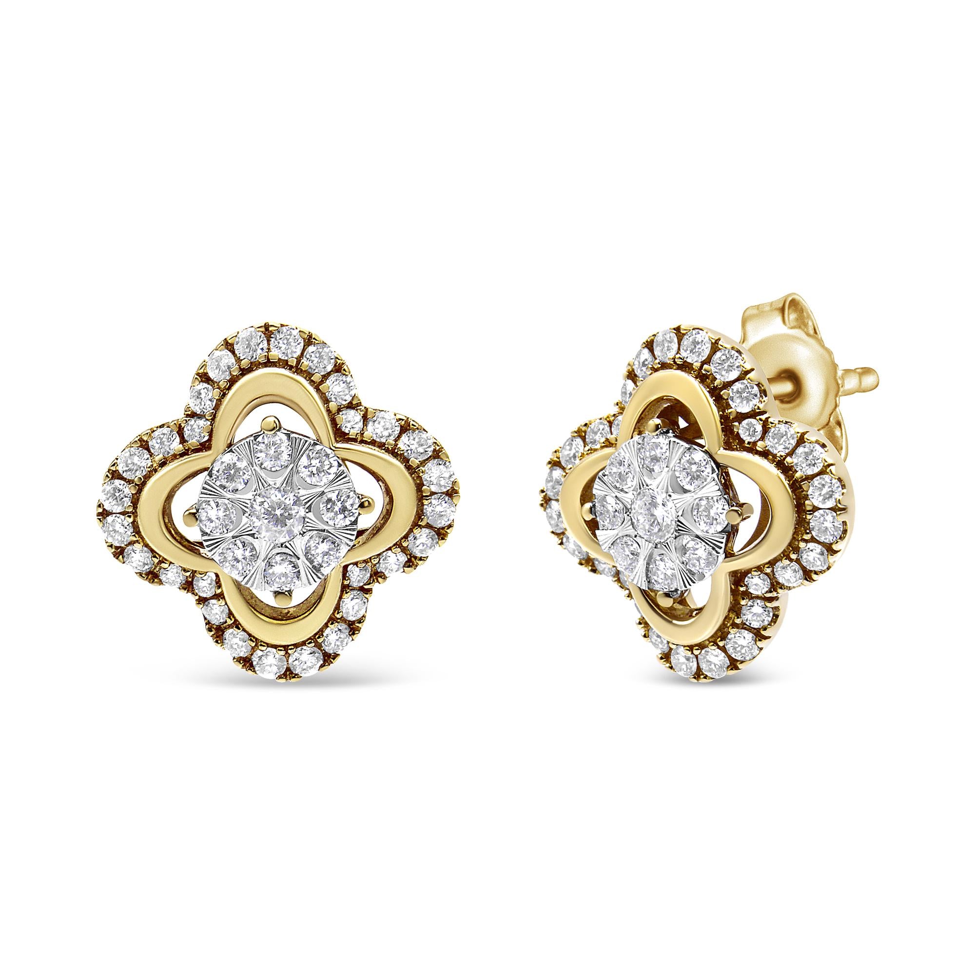 ''14K Yellow and White Gold 1.00 Cttw Diamond VINTAGE Style Fleur De Lis Halo Stud Earrings (H-I Colo