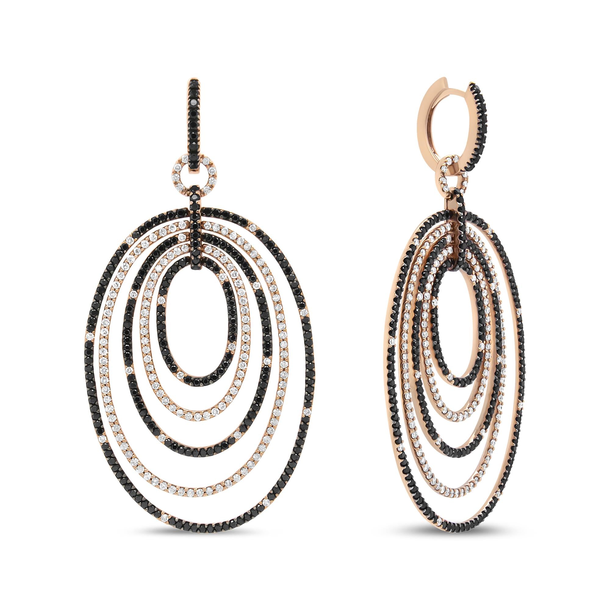 ''18K Rose Gold 5.00 Cttw Round Black and White Diamond Graduated Hoop Dangle Earrings (Black and F-G