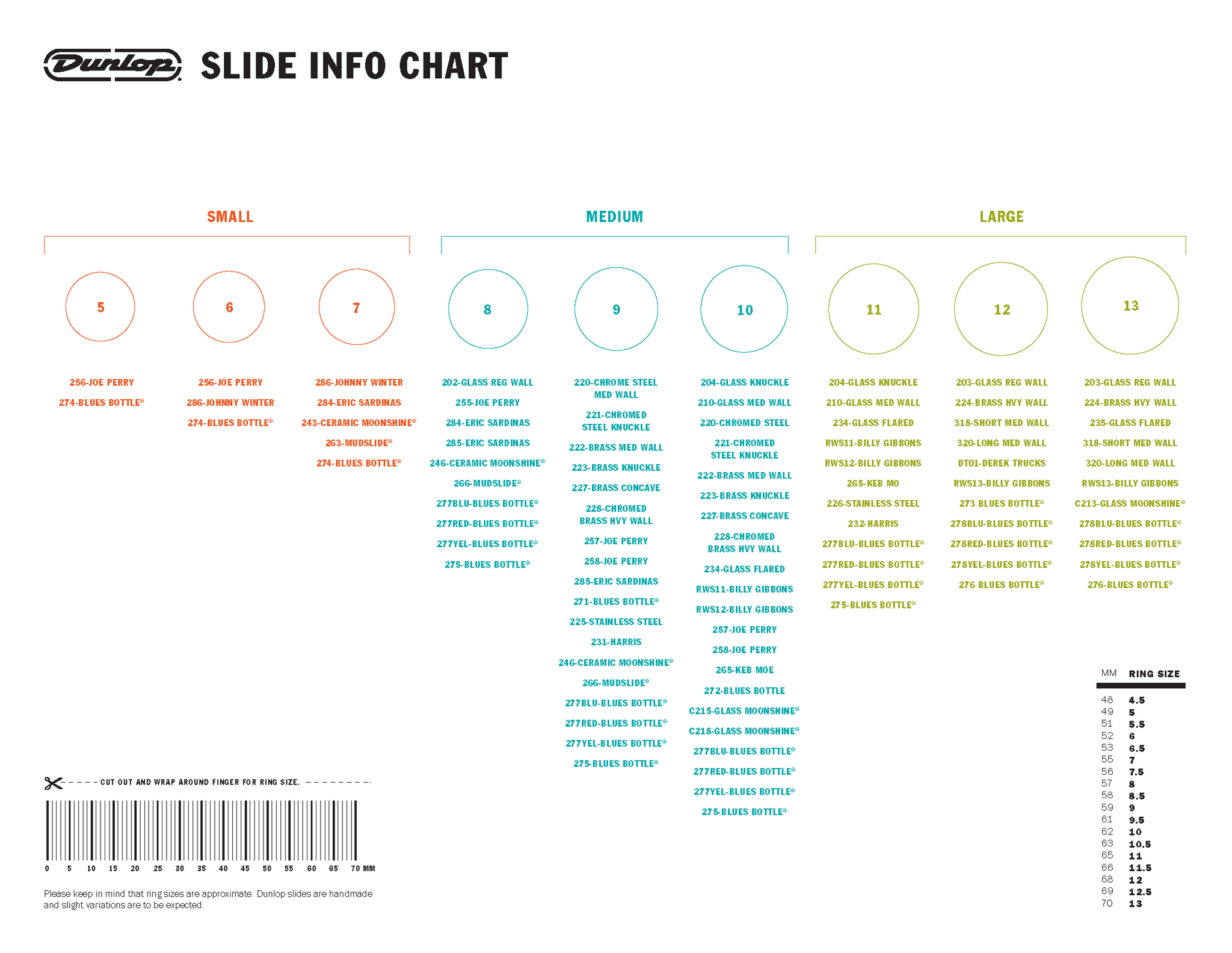 Jim Dunlop Slide Size Guide-Chart