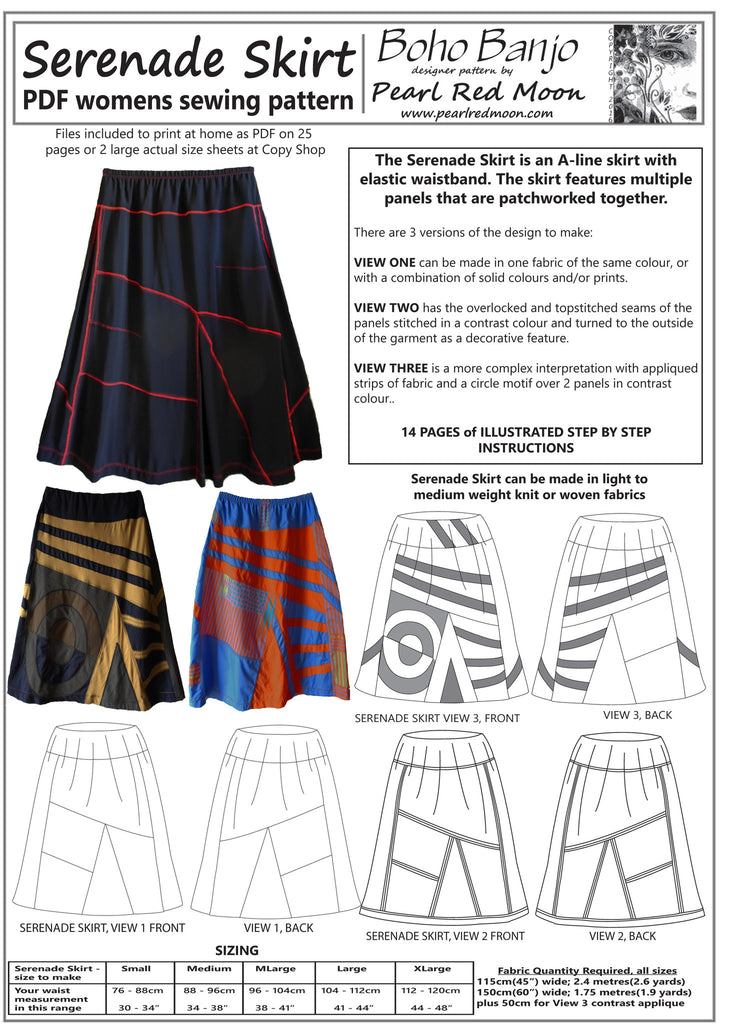 Serenade Skirt, womens PDF sewing pattern – Boho Banjo art to wear