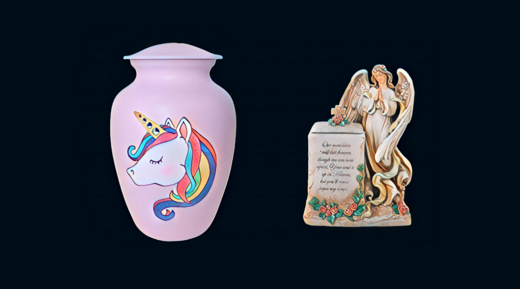 Pink urn with colourful unicorn head on left, angel urn on right