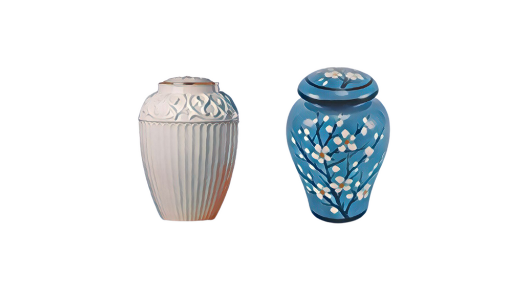 Two ceramic urns with the white left one having a vertical striped pattern and the right blue one has a floral design with whitee flowers.