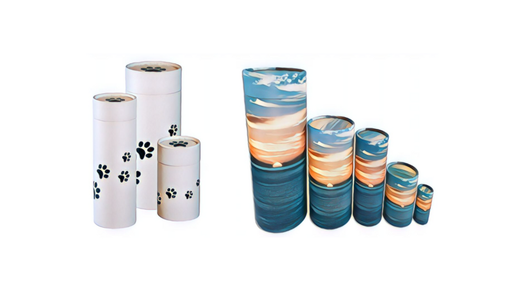 White scattering tubes of different siize with pawprints on left and blue and orange sunset on right