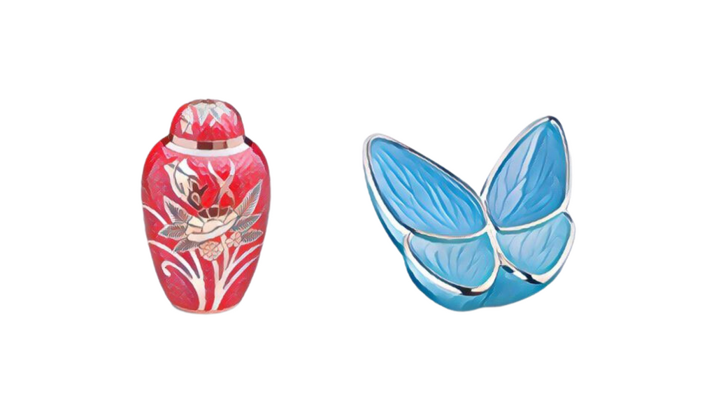 Red tradition urn on left with blue butterfly urn keepsake on right