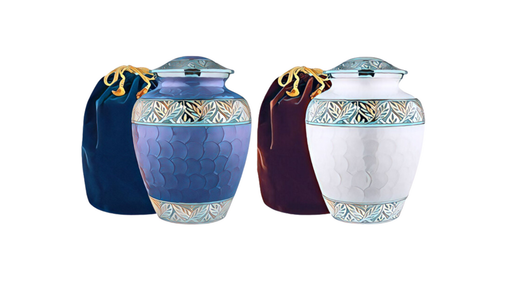 Blue ornate urn with blue velvet bag on left with white version of the urn and red velvet bag on right