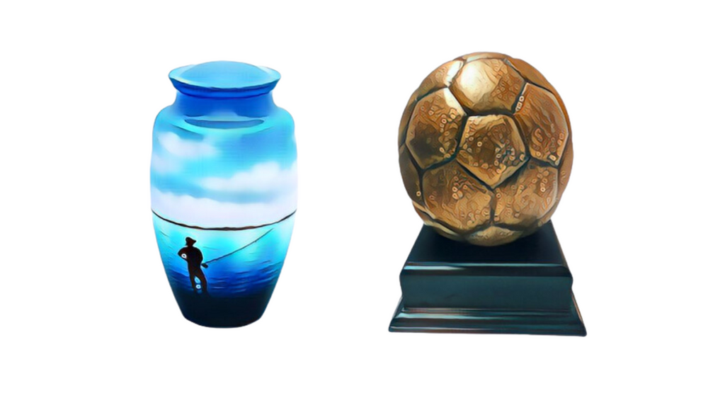 Blue fishing urn on left with bronze soccer ball urn on right