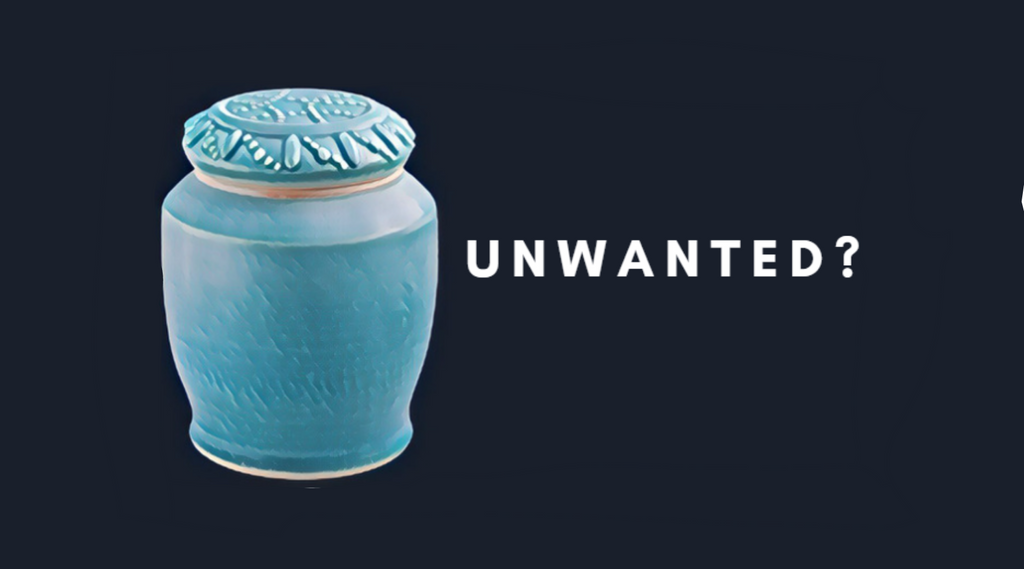 Blue urn on left with word "unwanted" on right