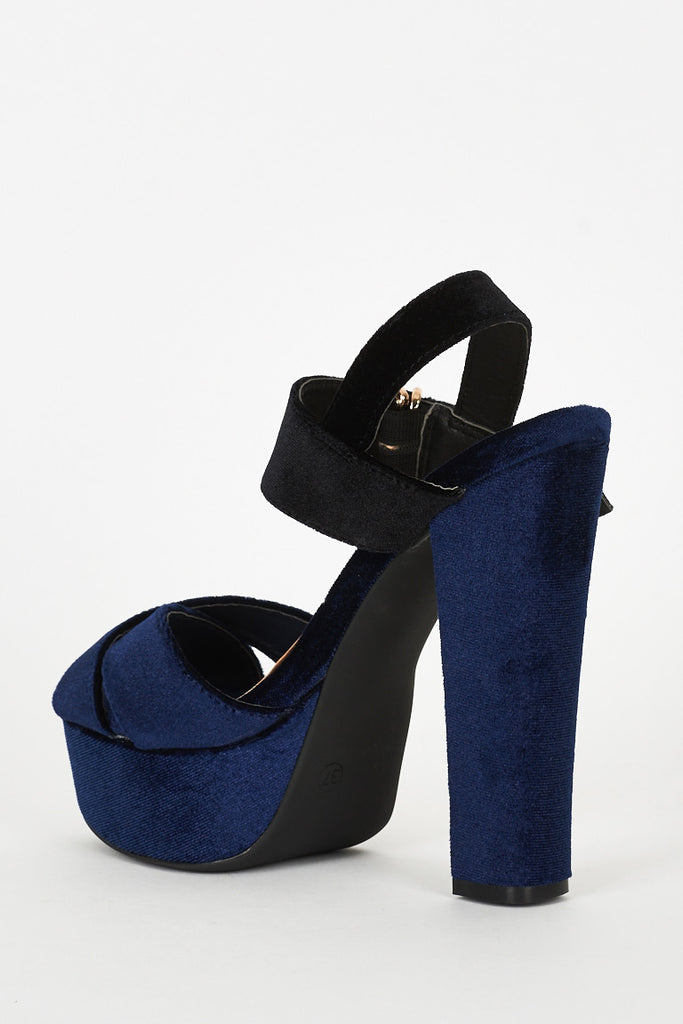 navy velvet block heels