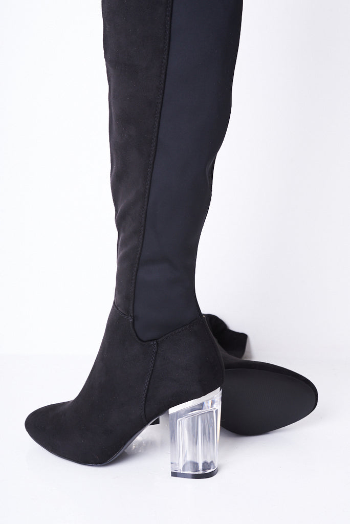 over the knee boots with clear heel