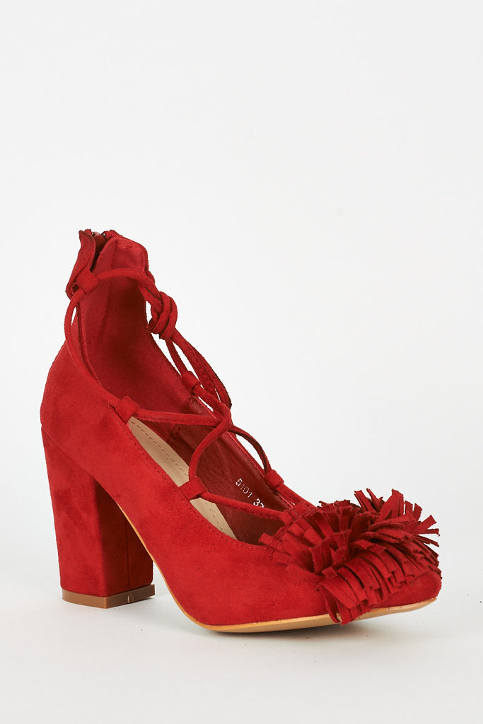 red fringe block heels