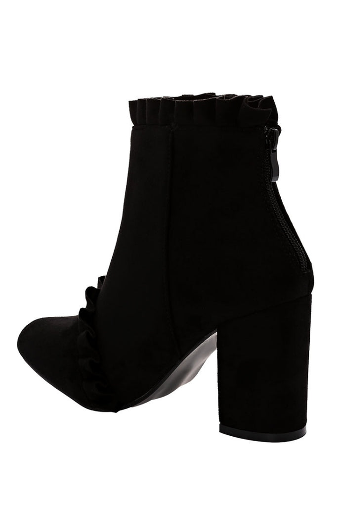 black ruffle ankle boots