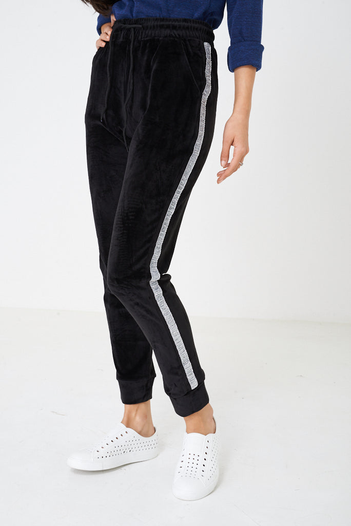 black trousers with glitter side stripe