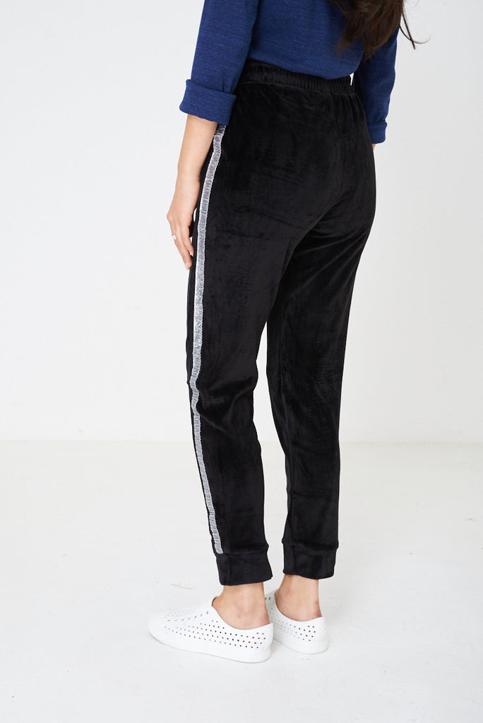 black trousers with glitter side stripe