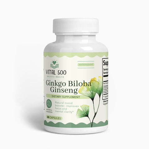 ginko biloba supplement from www.vital500.org with a picture of a ginko leaf on the lable