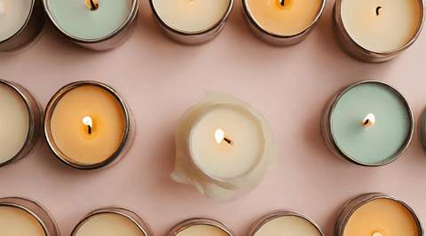 sustainable candle collection, soy wax candles top-down view