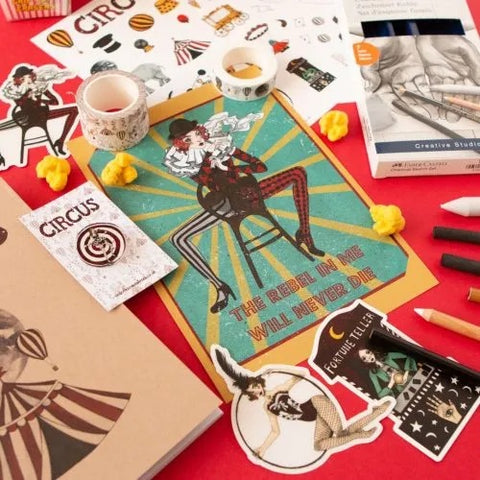 range of circus themed stationery items including scrapbooking paper and washi tape