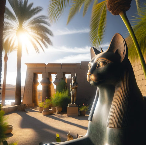 A Serene Outdoor Setting Capturing the Essence of Bast as a Sun Goddess: The image depicts a serene outdoor setting with sunlight filtering through palm trees, casting gentle shadows on an ancient Egyptian temple. A statue of Bast, depicted as a woman with the head of a lion or domestic cat, stands prominently in the foreground, basking in the sunlight.