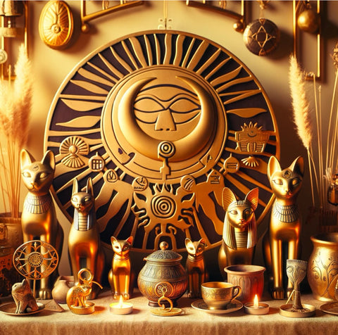 An Elegant Altar Dedicated to the Egyptian Goddess Bast: This image captures a warm and inviting altar space, filled with symbols of cats, the sun, and other items representing joy, protection, and independence, set against a backdrop of golden hues and soft lighting.