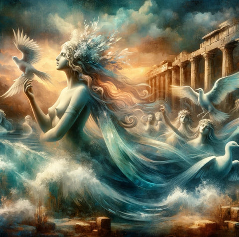 A Mystical and Artistic Representation of the Sirens: This image blends early bird-woman depictions of the Sirens with modern, ethereal interpretations, set against the backdrop of ancient Greek ruins, evoking a timeless connection to their mythological origins.