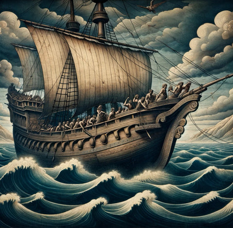 An Ancient Greek Ship Navigating Perilous Waters: Here, an intricately designed ancient Greek ship is shown with sailors enchanted by the Sirens' songs, hinting at the danger lurking in the calm seas.